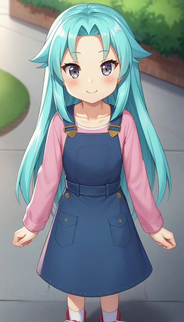 score_9,score_8_up,masterpiece,best quality,correct anatomy,anime_source,1girl,solo,perfect eyes,perfect arms,perfect legs,perfect face,outdoors,upper body,(portrait:1.5),looking at viewer,facing viewer,smile,blush,Shantak-Kun,very long hair,aqua hair,sidelocks,parted bangs,forehead,grey eyes,collarbone,pinafore dress,blue dress,pink shirt,long sleeves,flat chest,white socks,sneakers,red footwear,<lora:Shantak-Kun(hns)-Pony:1.2>,