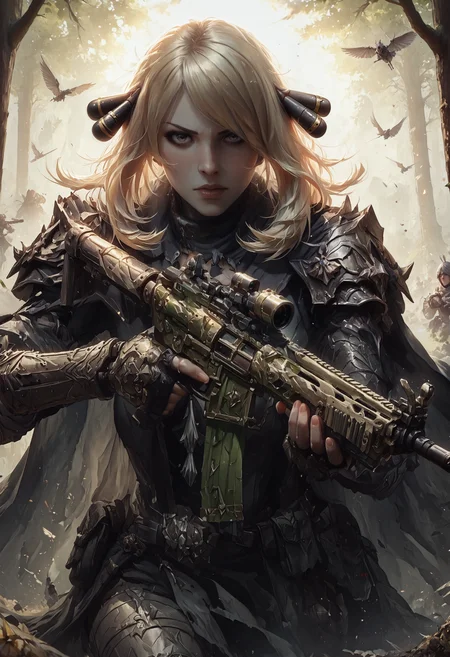 score_9, score_8_up,score_7_up, score_6_up, score_5_up, score_4_up, fantasy, realistic, photorealism, dramatic lighting, action shot
BREAK female, cynthia \(pokรฉmon\), knight, armor, tabard, cape, (holding assault rifle:1.2), gun, wind
<lora:ConceptArtTwilight_ponyXL_v10:1> <lora:KnightArmor_ponyXL_v20:0.8> <lora:AssaultRifle_ponyXL_v10:0.8>