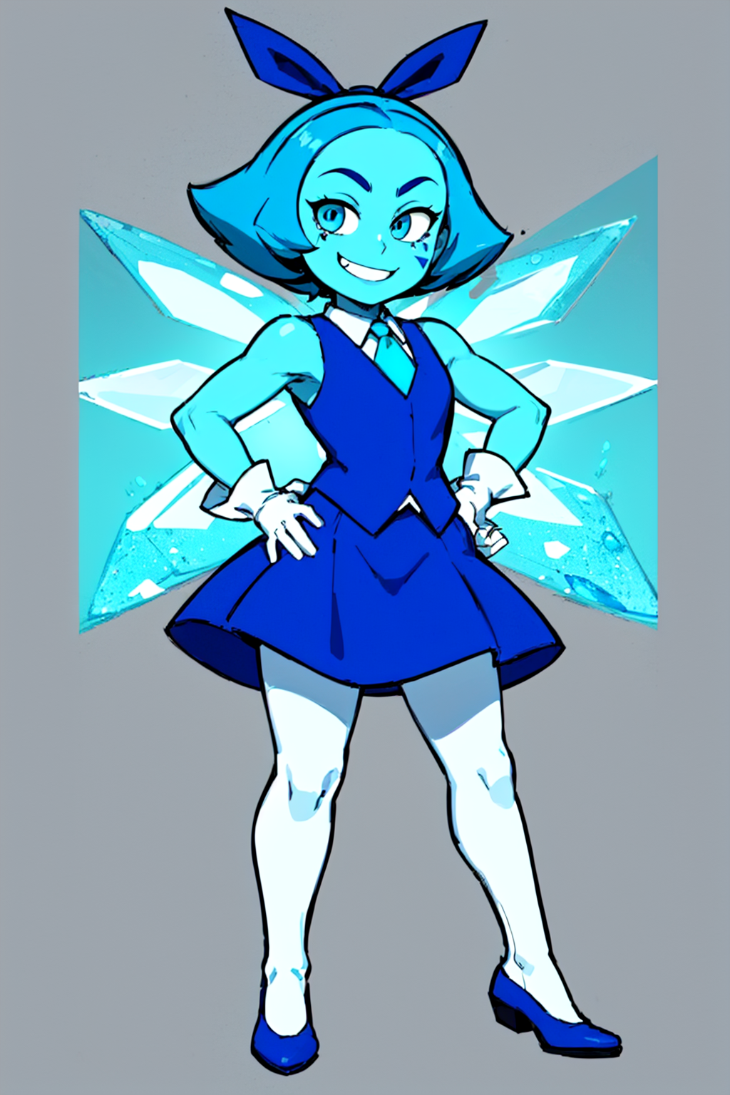 < aquam, blue hair, teardrop facial mark, 1girl, solo, hair bow, blue skin, sleeveless, white gloves, blue skirt, cirno, blue eyes, smile, looking at viewer, short hair, blue footwear,blue crystal,standing, hand on hip, <lora:aquamarine4:0.7>