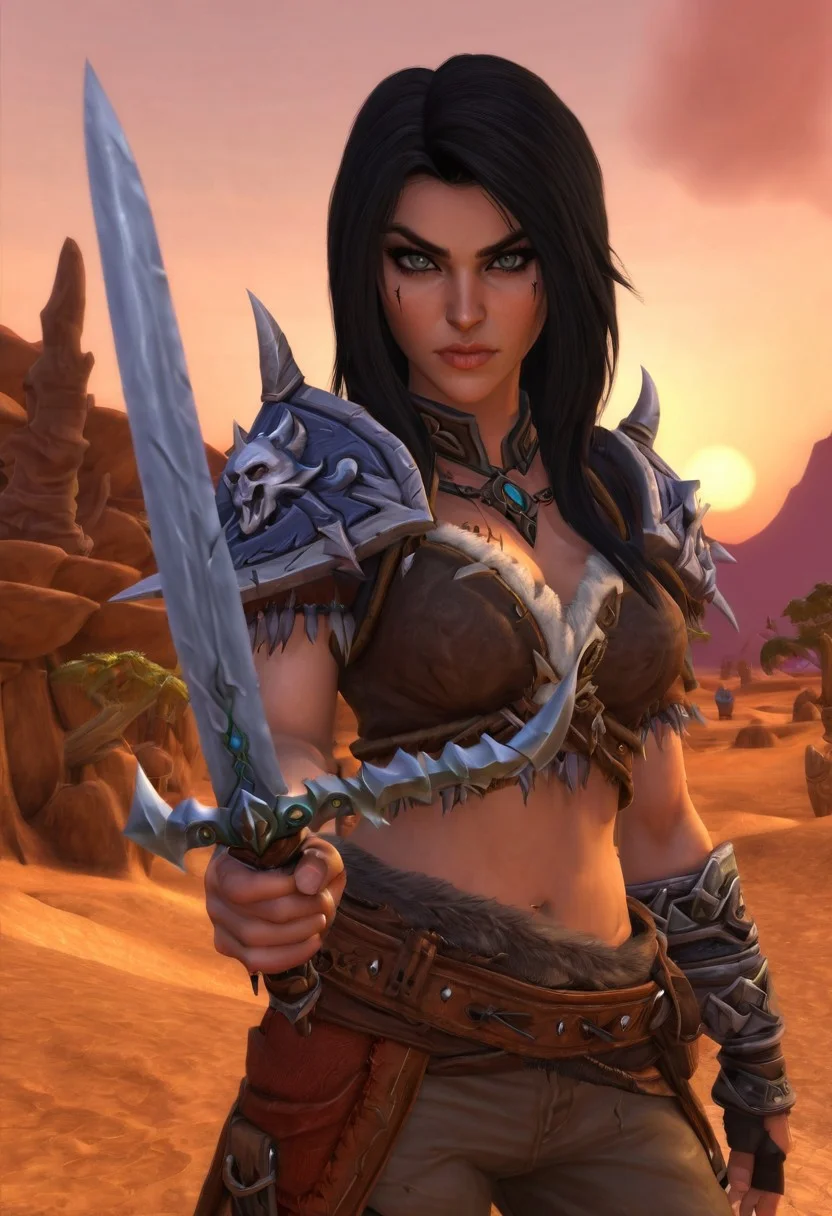 Durotar, desert, warcraft human female rogue, pretty girl, black hair, eyeliner, holding a dagger, photorealistic, depth of field, <lora:Durotar-08:1.0>