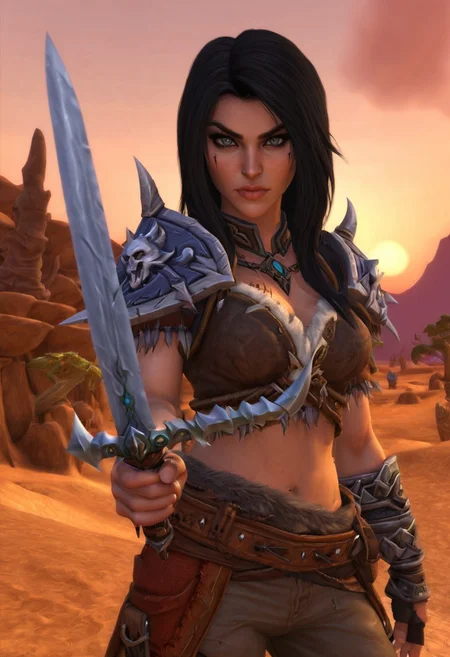 Durotar, desert, warcraft human female rogue, pretty girl, black hair, eyeliner, holding a dagger, photorealistic, depth of field, <lora:Durotar-08:1.0>