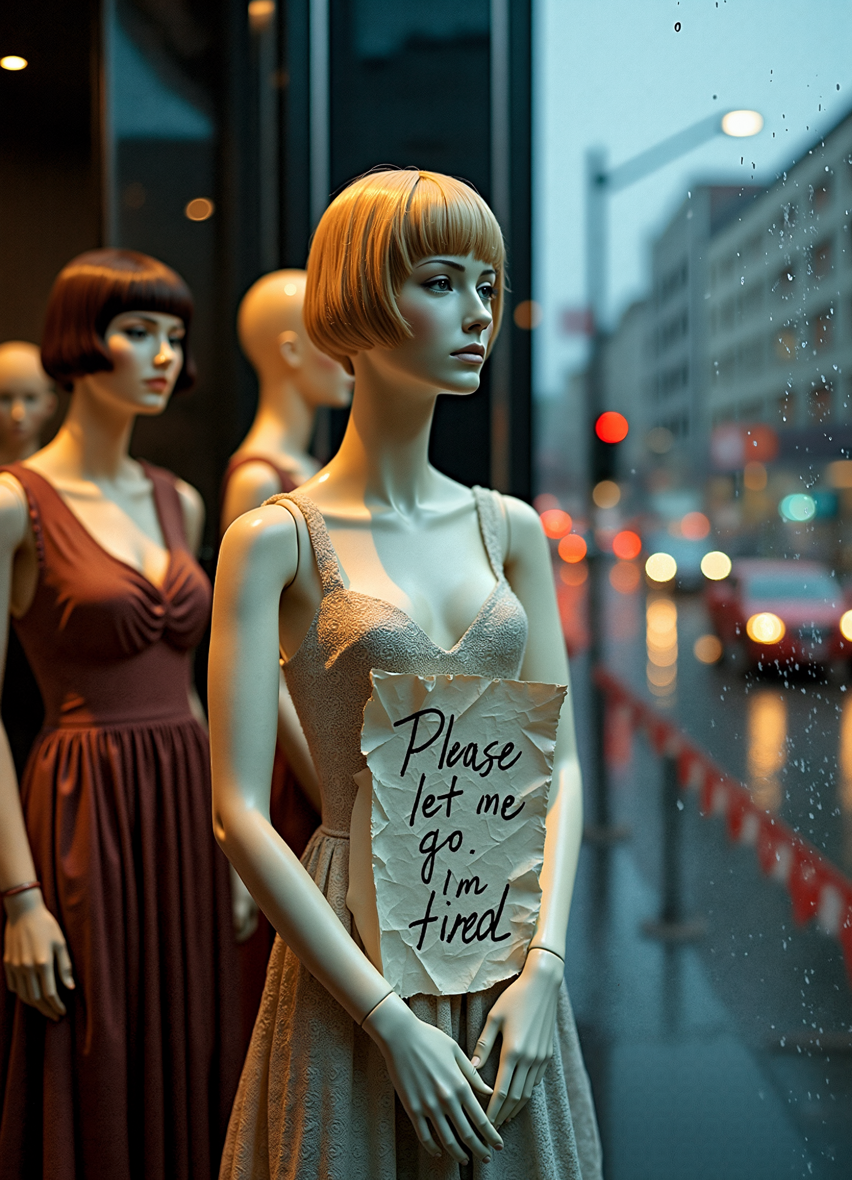 A female mannequin stands behind the glass of a clothing store window display, gazing out onto the rainy street. She is dressed in an elegant dress and wears a synthetic wig, her plastic face frozen in an expressionless stare. In her stiff hands, she holds a crumpled sheet of paper with a handwritten message: "Please, let me go. I'm tired." Around her, other mannequins pose in various stances, adorned in stylish outfits, their lifeless forms arranged as if frozen in time. The city is wrapped in twilight, and raindrops streak down the glass, distorting the reflections of neon lights and passing cars. The scene is viewed from outside, capturing the mannequin as the focal point—her silent plea trapped behind the glass. The angle of the shot adds depth, creating an eerie, almost cinematic composition. The atmosphere is melancholic, blending realism with an uncanny sense of longing.