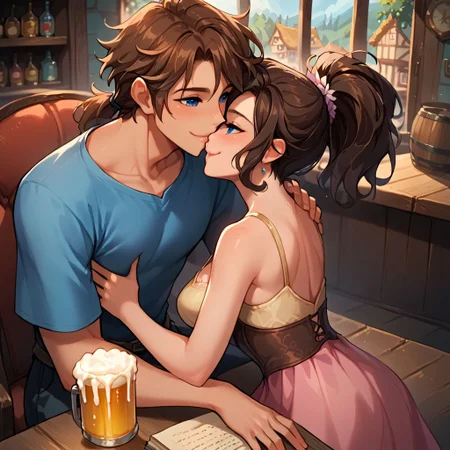 score_9, score_8_up, score_8_up, 1girl, sexy 20yo white caucasian girl, happy, smiling, friendly, girl standing, (((fantasy adventurer))), (brown hair), ponytail, bangs, sidelocks, short hair, freckles, blue eyes(medium breasts;1.3) narrow source comic book, pastel colors, high res image, masterpiece, fantasy town, sitting in a pub, listening intently, flirting, elbows on table, pushing hair out of face, 1man, dark hair man, interracial, sitting together, corner booth, private, couple, ((man face out of frame)) , from above angle, beer on table, man arm wrapped around woman, embrace, cozy, man leaning back, kiss from behind,