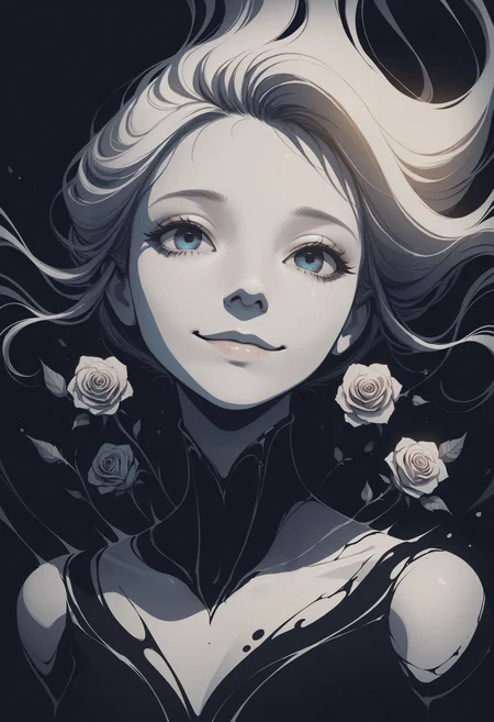 Isekai Fantasy Style, Grunge, masterpiece, high_quality, highres, woman, portrait, monochromatic color, black,
ethereal woman in soft light, shadow crawling behind her smile, dream or illusion, palette porcelain skin, pale rose, deep black, style surreal, cinematic, angle half-lit portrait