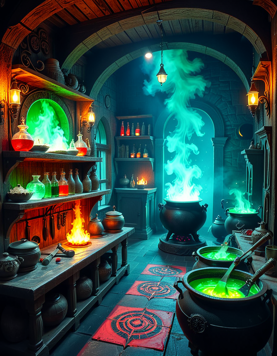 Hidden deep within the necromancerâs infernal domain lies a nightmarish kitchen, a grotesque fusion of alchemical laboratory and sacrificial chamber. The walls are carved from blackened bone and obsidian, pulsating faintly with necrotic energy. Faint green flames flicker in sconces made from twisted skeletal hands, casting eerie shadows across the macabre workspace. The air is thick with the scent of decay, ash, and something far worseâan indescribable aroma of corruption and dark magic.
At the center, a massive butcherâs table, scarred and stained with centuries of dried blood, serves as the primary workstation. Rusted, jagged knives, bone saws, and crude flesh-carving tools hang from hooks, their edges glistening with fresh remnants of something recently prepared. Nearby, grotesque cauldrons bubble with viscous, unnatural liquidsâblack ichor, boiling crimson blood, and glowing green elixirs swirl together, each concoction releasing haunting whispers as if infused with trapped souls.
Suspended from the ceiling, enormous iron hooks hold skinned carcassesâsome humanoid, others unrecognizable abominations stitched together from various creatures. Skeletal constructs, animated by unseen forces, mindlessly tend to the kitchen, stirring bubbling cauldrons and grinding unknown ingredients into fine powders using ancient, rune-etched mortars and pestles.
Along the walls, towering shelves hold disturbing "ingredients" sealed in glass jars: floating, disembodied eyes that track movement, severed hands that twitch sporadically, and writhing black worms that exude a thick, putrid slime. Bundles of dried, withered herbsâsome glowing faintly with infernal energyâhang from the rafters, alongside strips of preserved flesh, their origins best left unspoken.
In one corner, a massive, rune-inscribed oven burns with an unnatural, ghostly blue flame. The heat does not come from firewood but from the tormented souls bound within, their agonized wails fueling its endless infernal blaze. A massive iron cauldron sits atop a cracked stone hearth, where a thick, bubbling stew churnsâits surface occasionally breaking as something beneath struggles, clawing weakly before sinking back into the depths.
This is not a place for feastingâit is a workshop of the grotesque, where ingredients are harvested, flesh is repurposed, and the very essence of undeath is distilled into unholy nourishment. No living creature eats hereâonly the dead, the damned, and the things that should not be.
Style & Mood :
- Dark fantasy, gothic horror, necromantic aesthetics
- Cinematic, high-detail, eerie lighting
- Infernal atmosphere, filled with shadows, glowing green and crimson energy, and grotesque details
- Inspired by the works of ZdzisÅaw BeksiÅski, H.R. Giger, and dark medieval sorcery
<lora:SDXLFaeTastic2400:0.4> <lora:extremely_detailed:0.4> extremely detailed, <lora:mysterious_4lch3my_sh0p:1> mysterious 4lch3my sh0p <lora:nightmarish_k1tch3n:1>,nightmarish k1tch3n, Masterpiece,best quality,hi res,8k,hi res,8k,award winning,(sharp focus, intricate, highly detailed),