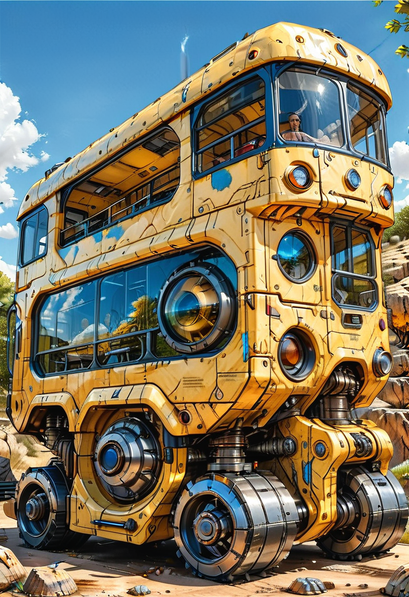 ground vehicle, no humans, cloud, sky, outdoors, tree, day, motor vehicle, vehicle focus, science fiction, train, blue sky, rock, wheeled vehicle, yellow paint, bus
(ultra sharp focus:2), (detailed windows:2), (thin lines:2), 
(best quality:1.8),
<lora:Apparatus - Traction City Walkers Vehicles_epoch_11:0.8>