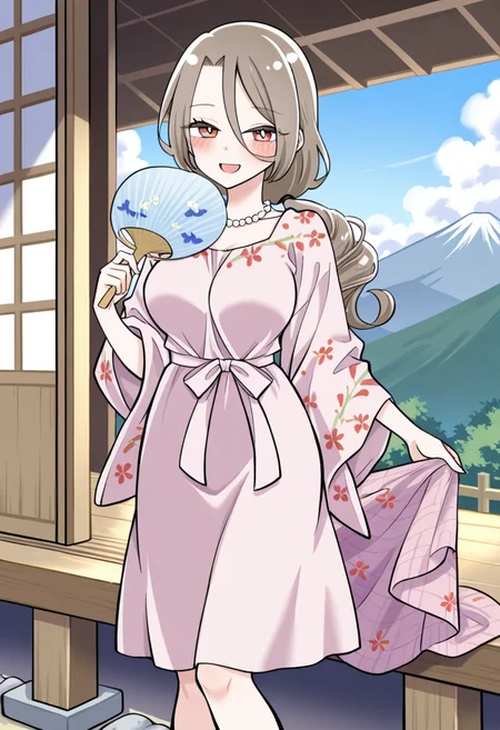 1girl, solo, shino sakisaki, mom, long hair, brown hair, hair between eyes, brown eyes, gradient eyes, red eyes, looking at viewer, low ponytail,
wrap dress with floral applique, layered pearl necklace, wedge sandals, medium shot, holding paper fan halfway open, standing on open veranda, view of distant mountains, summer haze, wind brushing fabric, wooden beams and sliding doors,
 <lora:Character_Shino Sakisaki Mom:1>