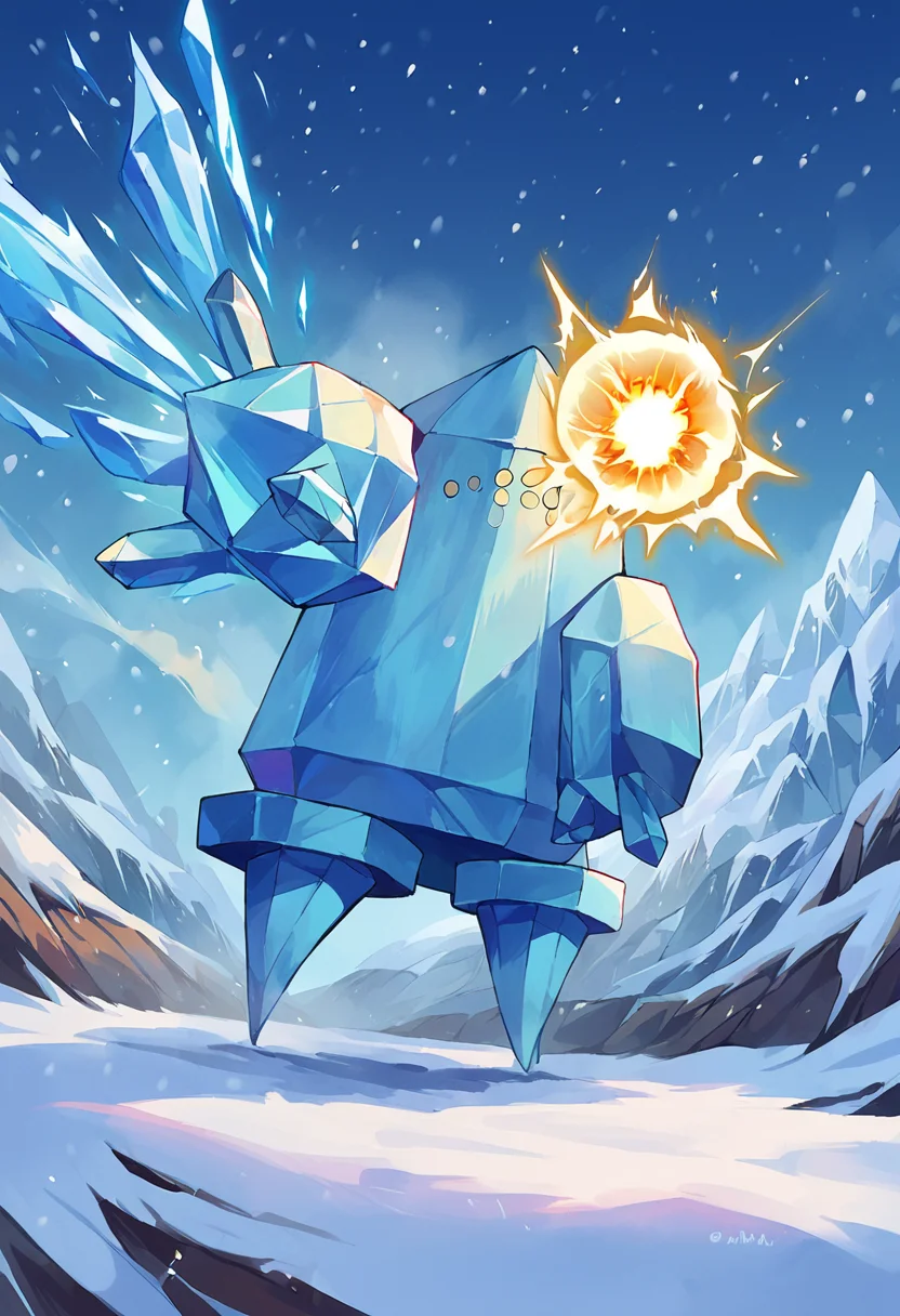 score_9,score_8_up,score_7_up,source_anime,zPDXL3,outdoors,snow,ice,snowing,sky,blue theme,
*//*,<lora:Poke_Regice-Pony:1>,reg_ice,solo,no humans,pokemon (creature),yellow eyes,ice,crystal,full body,
*//*,cowboy shot,dutch angle,dynamic pose,energy,energy ball
