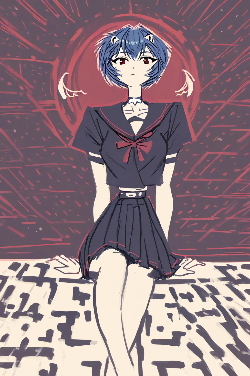 score_9, score_8_up, score_7_up, neon genesis evangelion, ayanami rei, blue hair, collarbone, red eyes, ribbon, school uniform, serafuku, short hair, solo, solo focus, cowboy shot, limited palette,high contrast,black background,dark,wide shot, Sitting on a step, gazing downward, <lora:andaerz:1.3>