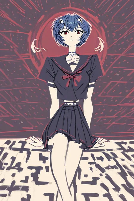 score_9, score_8_up, score_7_up, neon genesis evangelion, ayanami rei, blue hair, collarbone, red eyes, ribbon, school uniform, serafuku, short hair, solo, solo focus, cowboy shot, limited palette,high contrast,black background,dark,wide shot, Sitting on a step, gazing downward, <lora:andaerz:1.3>