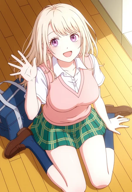 <lora:Mona KAWAII_illustrious-000030:1>,
(HY)_CJ,purple eyes,long hair,blonde hair,
solo,bag,green skirt,plaid,pink sweater vest,simple background,white background,cowboy_shot,blue socks,loafers,sitting,wariza,waving,from_above,smile,open mouth,wooden floor