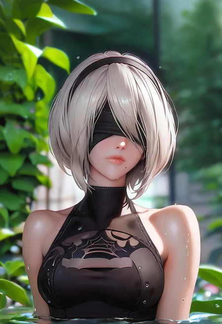 score_9, score_8_up, score_7_up, 1girl, solo, breasts, short hair, dress, bare shoulders, medium breasts, closed mouth, upper body, white hair, hairband, sleeveless, mole, blurry, black dress, lips, wet, depth of field, blurry background, turtleneck, phone, cellphone, black hairband, wet clothes, mole under mouth, facing viewer, smartphone, rain, water drop, blindfold, wet hair, covered eyes, black blindfold, yorha no. 2 type b