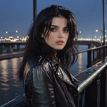 <lora:90s_Indie_MovieSDXL:1> ArsMovieStill, movie still from a 1990s indie movie, The image shows a woman in a black leather jacket standing on a bridge with a pole lights and water in the background and the sky above., 1girl, solo, black hair, leather jacket, leather, jacket, looking at viewer, realistic, long hair, blurry