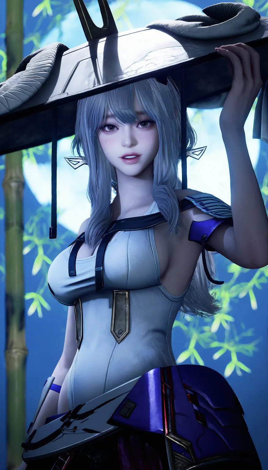 masterpiece,best quality,amazing quality,
<lora:scarletNAI:1>,sc213t,realistic,
silver hair,long hair,bangs,sidelocks,large hat,gold hairpin,brown eyes,white leotard,shoulder armor,black shoulder belt,armor skirt,arm guards,upper body,looking at viewer,parted lips,left hand on the hat,outdoors,night sky,moon,moonlight,night,bamboo in the background,depth of field,vignetting,bloom,