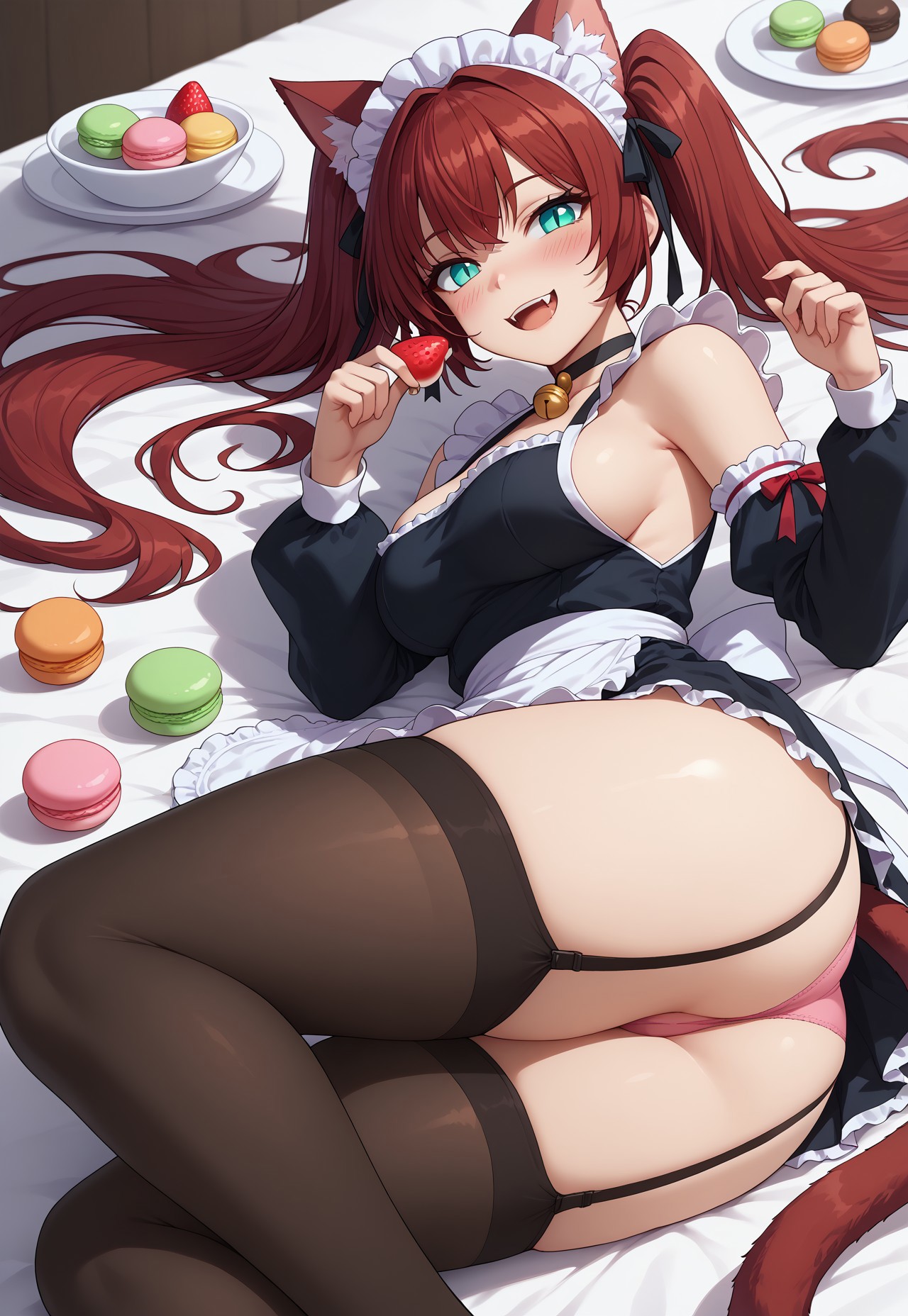safe_pos, score_9, score_8_up, score_7_up, limgae, original, :d, animal ears, aqua eyes, arm ribbon, ass, bare shoulders, bell, black pantyhose, black thighhighs, blush, breasts, cat ears, cat girl, cat tail, choker, detached sleeves, fangs, food, fruit, garter straps, hair ribbon, hand up, jingle bell, large breasts, long hair, long sleeves, looking at viewer, macaron, lying, maid, maid headdress, medium breasts, miniskirt, multiple tails, on back, on side, open mouth, panties, pantyshot, pink panties, plate, red hair, ribbon, shirt, sideboob, skirt, sleeveless, sleeveless shirt, slit pupils, smile, star (symbol), strawberry, tail, thighhighs, twintails, underwear, very long hair