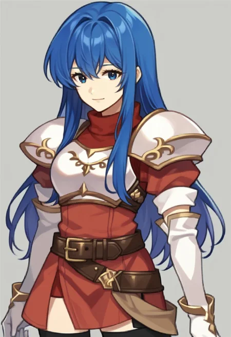 score_9, score_8_up, score_7_up, source_anime BREAK 1girl, solo, <lora:caeda-fe-richy-v1_pdxl:1> caedadef, blue eyes, blue hair, long hair, bangs, turtleneck, red shirt, shoulder armor, pauldrons, breastplate, multiple belts, brown belt, white gloves, elbow gloves, red skirt, black thighhighs, white boots, light smile