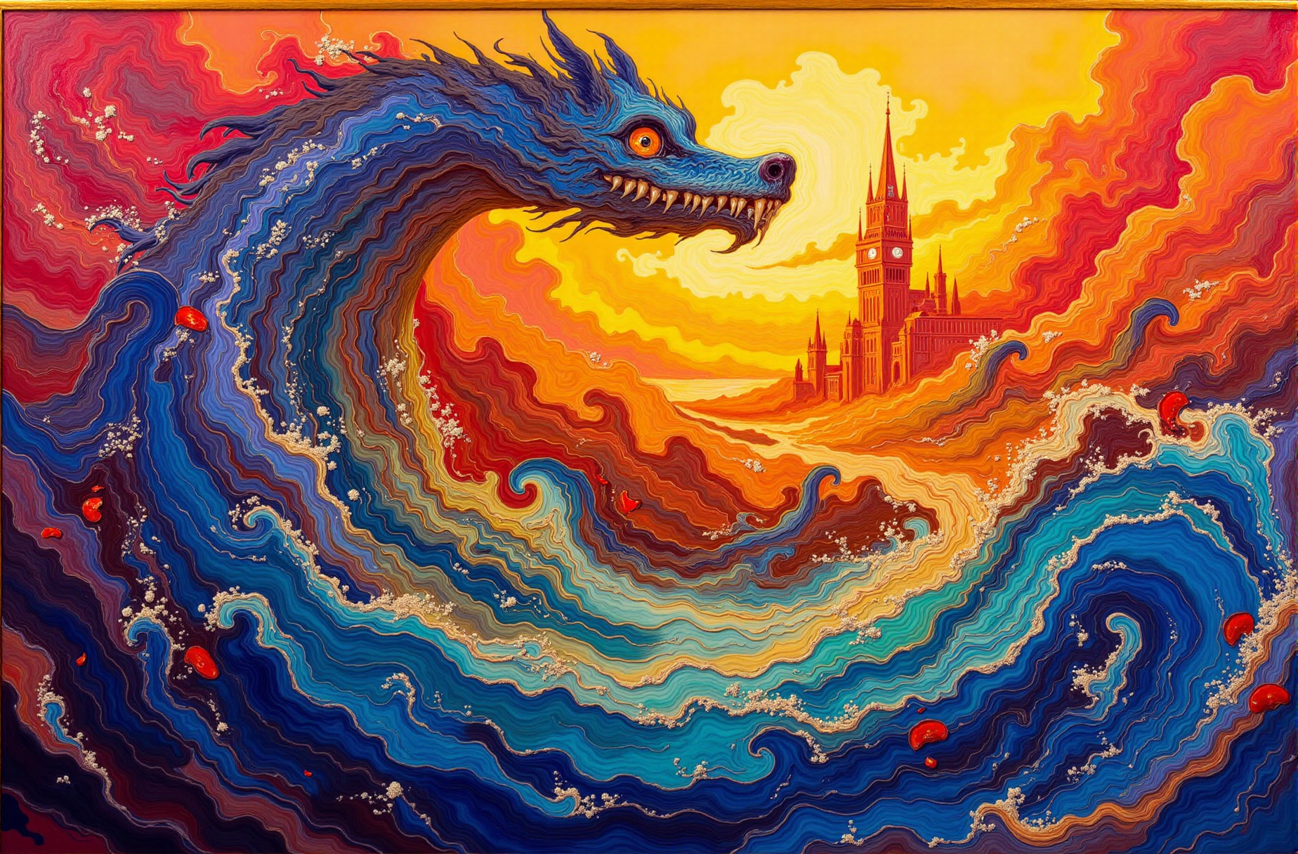 DB4RZ, DB4RZ style painting. Painting. Water dragon swims through waves near XVIII century city. Tower on background. <lora:FLUX-daubrez-DB4RZ-v2:0.8>