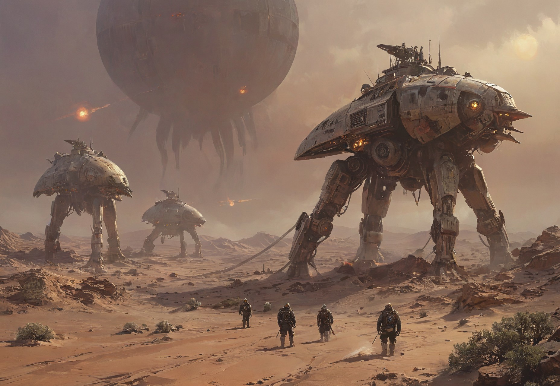  (((army of mechanical robots marching across a desert planet))),(((armada))) ,military, armored, weapons, laser, cannon, Panzerblitzechse, robust construct,unbreakable, unstoppable, invincible, heavy armor,joints,oil,cables,massive multiple legs,engines,insect-like design, atmosphere of horror and terror,science fiction, machinery,rise of machines,analyze target,ready for strike,detailed reflections,glow,energy sparks,dense fog,
best quality,masterpiece,absurdes,disturbing,action,chthonic,nightmare ,mood contrast between subject and background,outstanding,proffesional, masterwork,dynamic composition,in dynamic,(deep colors),fluorescent colors,colorful,color contrast,primary colors,no gradients,chiaroscuro, painting, concept art, High angle From avove, camera from above, Bird's-eye view, aerial shot view,atompunk,dieselpunk,teslapunk, post-apocalypse,dystopia, futuristic,high-tech,cybernetic,(((no humans)))
outstanding, proffesional, masterwork,epic scale,deep image visualisation,Neill Blomkamp,Denis Villeneuve,Herbert George Wells 