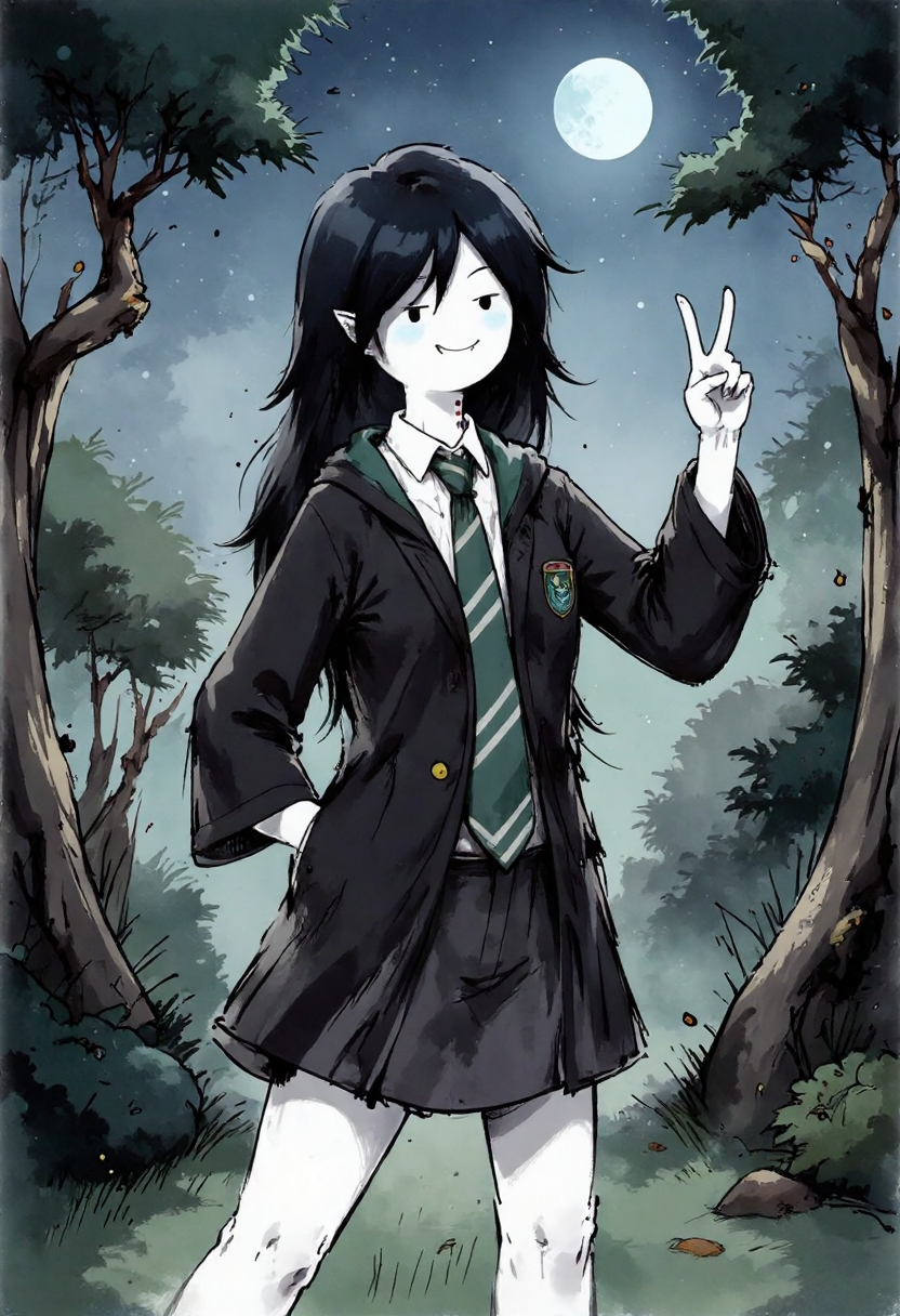 a ink splash art in a cartoonish, adventure time style, it depicts Marceline Abadeer with a mischievous grin, and is making a peace sign with her right hand, she is dressed in a Hogwarts school uniform, consisting of a dark green and white striped tie, a white collared shirt, and a black, long-sleeved blazer with a green and green crest on the left breast pocket, the blazer has a small, circular emblem on the right sleeve, and a short black skirt, she is slender and has small breasts, the background features a night sky with a full moon, casting a soft glow over the scene, the ground is a lush, green grassy field with a few scattered leaves, and there are tall, leafy trees with thick trunks and branches, creating a serene, forest-like atmosphere, the overall color palette is dominated by dark greens, blues, and purples, with the moonlight casting a mystical glow over her, ink and brushstroke dismrt style<lora:CustomFlux/Marceline_Abadeer.safetensors:1.0:1.0> <lora:Flux/sumi-art_v10_rank16_bf16-step01120.safetensors:1.0:1.0>