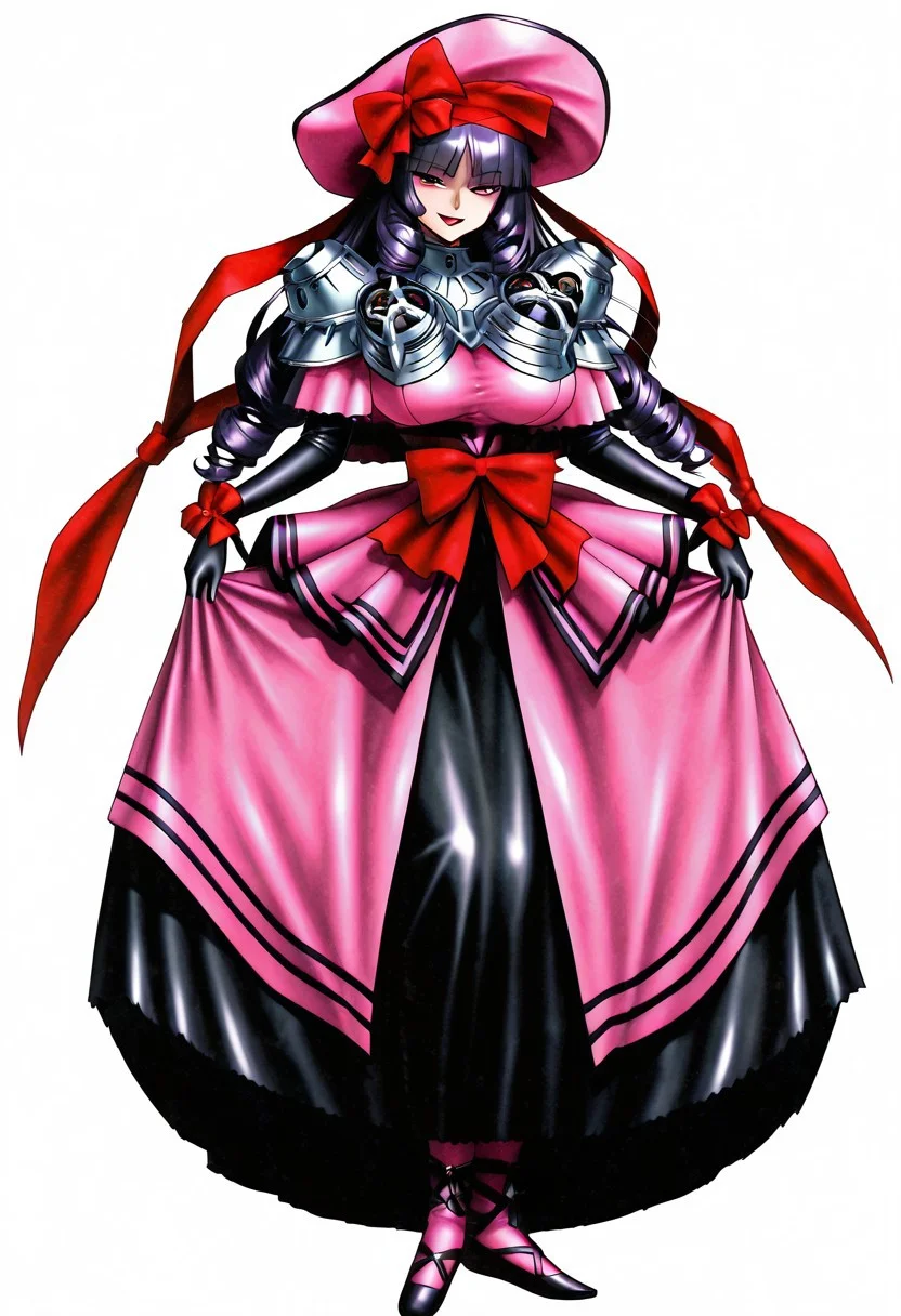 score_9,score_8_up,score_7_up,source_anime,5_figner,2d_animation,game cg,BREKE,1girl,solo,
zzSabrina, red eyes, long hair, blunt bangs, sabrina pokemon, purple hair, black hair,
pink headwear,mob cap,hat,neck armor,capelet,
dress,pink dress,red ribbon,bow,armor,elbow gloves,pink skirt,red bow,black long skirt,pink long skirt,frill,ribbon around waist,pink footwear,cross-laced footwear,skirt hold,
smile,full body,openmouth,
huge breasts,thick hips,thick thighs,thick waist,disproportionate breasts,
curves,glamour,
simple background,white background,
masterpiece,best qualit,ultra-detailed,illustration,an extremely delicate and beautiful,beautiful detailed eyes,unity 8k wallpaper,high resolution,anime CG,official_art,Erotic_style, anime_coloring, anime_screencap,