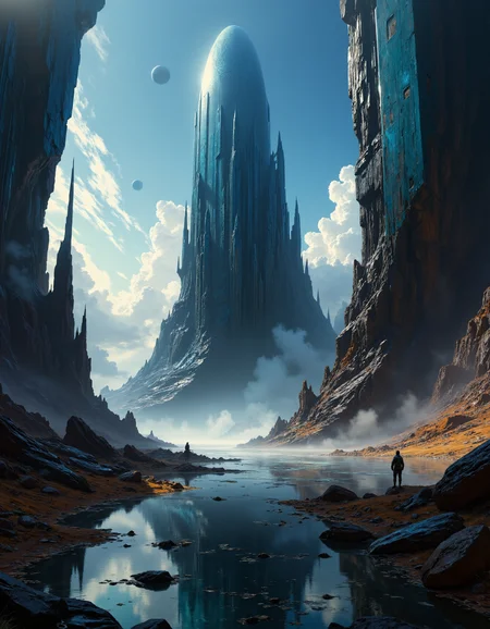 hyper realistic and highly detailed, highly dynamic cinematic panorama view,  sci-fi painting of a bizarre, gigantic, towering, obsidian monolith, colossal scale, perfect composition, harmonic colors, highly dramatic lighting, perfect composition, full panoramic view
 <lora:artilands:0.8>