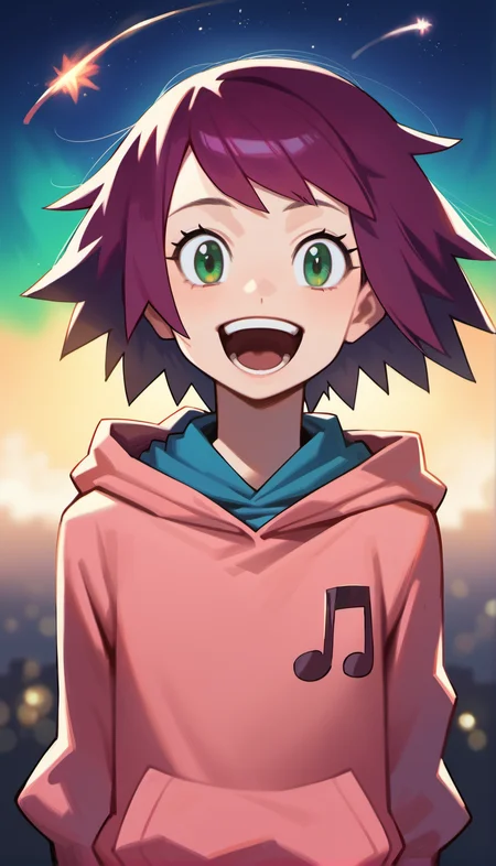 score_9,score_8_up,score_7_up,
<lora:soniastrumm:0.8>,
misorahibiki,
realistic,highres,
1girl,solo,
purple hair,short hair,bangs,bouncing hair,
green eyes,looking at viewer,open smile,
pink sweatshirt,a musical note printed on the hoodie,
portrait,
blurry background,
outdoors,night,starry background,shooting star,starry night,bloom,light particles,lens flare,cloud,lens flare abuse,cityscape,aurora,meteor shower,