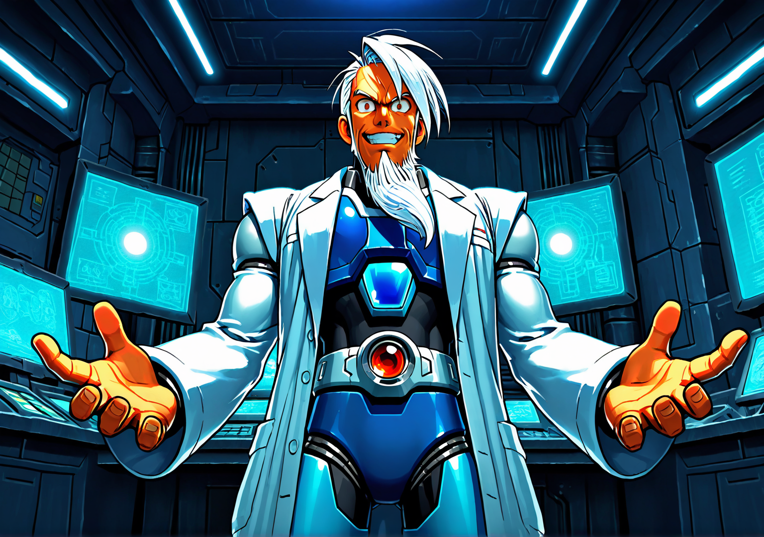 masterpiece,best quality,amazing quality, GENHERAC, FMIXFT, radiant details, sshdw, 1boy, male focus, old, old man, solo, white hair, sideswept hair, ((sideswept beard)), brown eyes, muscular, android, body armor, mega man x, white lab coat, evil grin, wide eyed, tsurime, hands up, open hands, hands at sides, looking at viewer, indoors, dark room, command center, glowing monitors, from below