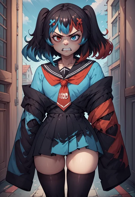 score_9, score_8_up, score_7_up, score_6_up, score_5_up, score_4_up, rating_questionable, BREAK, slouching, <lora:SwitchchanXLPD:.95> Switchchan, heterochromia, sailor collar, sleeves past wrists, sleeves past fingers, school uniform, shirt, serafuku, black thighhighs, angry <lora:mfcgXL:.5>