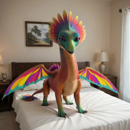 score_9, score_8_up, score_7_up, score_6_up, score_5_up, score_4_up, masterpiece, high quality, realistic, detailed, best quality, natural lighting, bright room, white bed, solo, rating_safe, source_furry, bedroom, smiling, seductive, looking at viewer, on bed, full body, melodia_rr, dragon, scales, rainbow wings, tail, claws, purple eyes, 1girl, female, feral