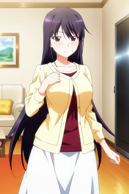 anime screenshot, anime coloring, sakaki yumiko, 1girl, solo, black hair, long hair, purple eyes, large breasts, yellow cardigan, red shirt, t-shirt, collarbone, long sleeves, white skirt, long skirt, looking at viewer, closed mouth, cowboy shot, indoors, living room, masterpiece, best quality, high quality, highres, absurdres, <lora:sakaki_yumiko_ILXL:0.9>