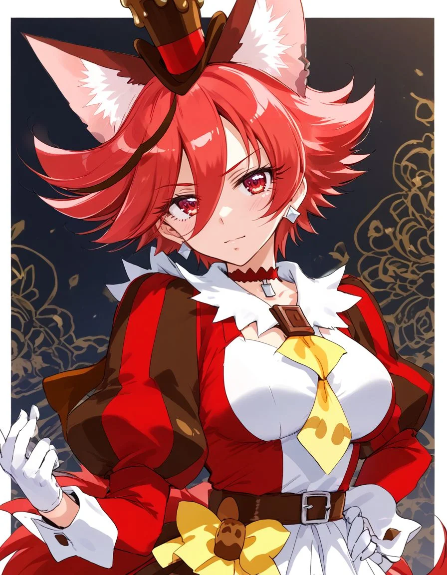 score_9, score_8_up, score_7_up, <lora:sdxl_lightning_8step_lora:1> BREAK
source_anime, best quality, masterpiece,rating_safe <lora:Copics_v2:0.3:lbw=1,1,1,0,0,0,1,1,1,1,1,1> BREAK ,
1girl,solo, BREAK ,
<lora:curechoco_nrm_pony:0.9:lbw=1,1,1,1,1,1,1,1,1,0,0,0> curechoco_nrm, cure chocolat, cure chocola, red eyes, red hair, short hair, spiky hair, dog ears, fluffy ears, extra ears, silver earring, choker, hat, (tomboy:1.2),
red dress, white dress, multicolored dress, puffy sleeves, puffy long sleeves, juliet sleeves, red ribbon, yellow ascot, wrist cuffs, white gloves,
slender, skinny, narrow waist, small waist,,hand on hip, big breasts, upper body, solo focus, side view, dutch angle,
looking at viewer, standing, border, border background, tow-tone background,