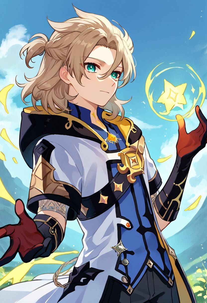 score_9, score_7_up, source_anime 
albedo, 1boy, male focus, solo, aqua eyes, blonde hair, medium hair, side braid, hair between eyes, parted bangs, short ponytail, star (symbol), tattoo, tattoo on neck, shirt, blue shirt, vision (genshin impact), short sleeves, coat, white coat, hooded coat, hood, hood down, open coat, open clothes, shoulder belt, gloves, black gloves, spell, magic, yellow magic,
outdoor, sky,