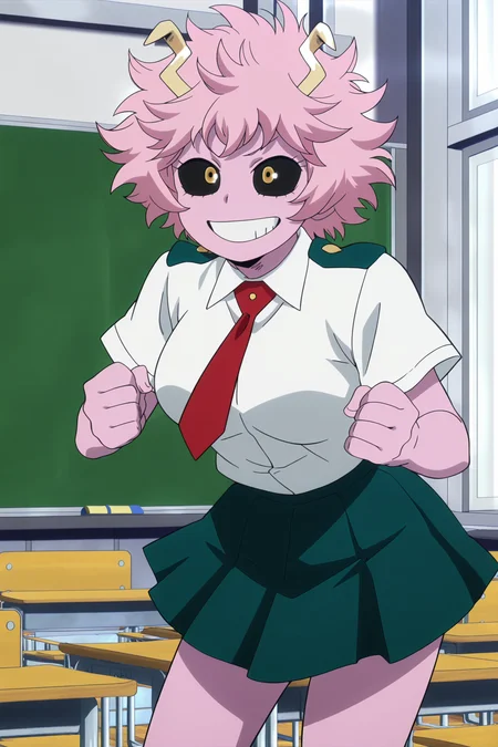 anime screencap, anime coloring, detailed face, masterpiece, best quality, very aesthetic, absurdres, volumetric lighting, official style, amazing quality, ultra detailed, highres, amazing quality, scenery, beautiful detailed hair, beautiful detailed eyes,
<lora:StS-Illustrious-Detail-Slider-v1.0:4>
indoors, in a classroom,
<lora:Mina_Ashido_My_Hero_Academia:1>
Mina Ashido (character), u.a. school uniform, ashido mina, 1girl, solo, pink skin, black sclera, colored skin, colored sclera, school uniform, smile, necktie, clenched hands, yellow eyes, pink hair, skirt, green skirt, cowboy shot, excited girl