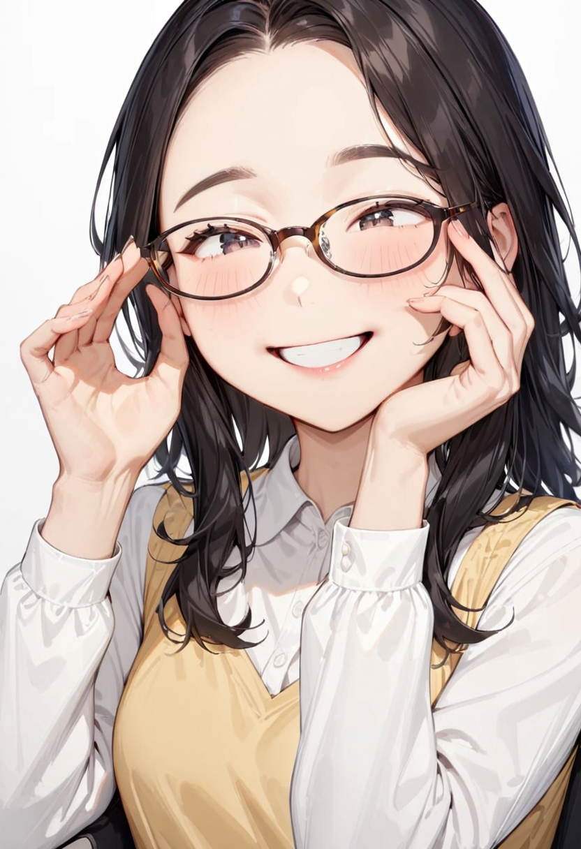 masterpiece, best quality, very aesthetic, absurdres,
1girl, solo, black hair, long hair,
oval_cell, glasses, brown-framed eyewear,
collared shirt, happy, smile, looking at another, adjusting eyewear, white background, simple background, 
 <lora:oval_glasses_cell-frame2_SDXL_V1:1>