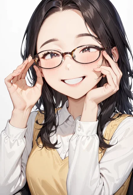 masterpiece, best quality, very aesthetic, absurdres,
1girl, solo, black hair, long hair,
oval_cell, glasses, brown-framed eyewear,
collared shirt, happy, smile, looking at another, adjusting eyewear, white background, simple background,
<lora:oval_glasses_cell-frame2_SDXL_V1:1>