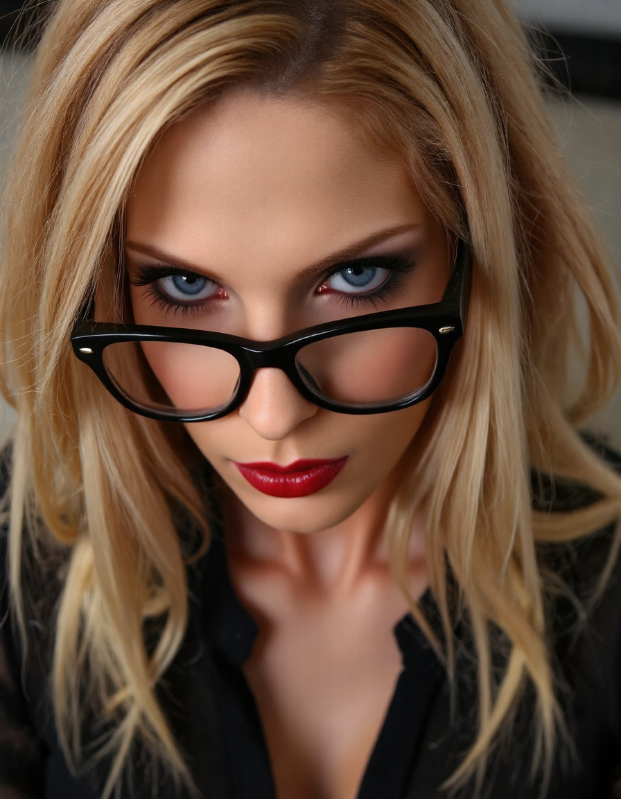 A striking portrait of a fierce woman with piercing eyes and bold, direct eye contact. She wears natural-looking brick-red lipstick and large, avant-garde glasses. The composition embodies a high-fashion editorial aesthetic, blending ethereal beauty with dramatic shadows and luxurious fashion details. The zoomed-out perspective places the subject in 30% of the frame, leaving ample negative space around her head for a modern, minimalist feel. The subtle 3D effect enhances the visual depth, creating a captivating and dynamic image.
