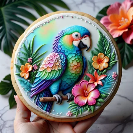 cookie art design, cookie decoration,solo cookie,(flat art), opalescence effect, opal gemstone, vibrant parrot, vibrant flowers, tropical jungle