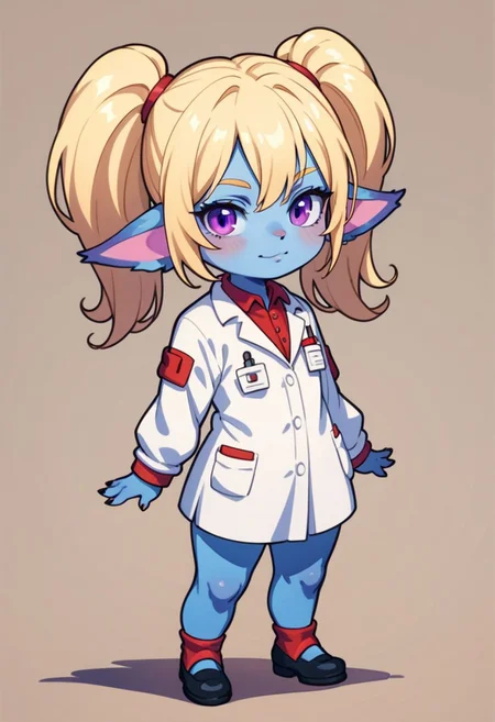 score_9, score_8_up, score_7_up, full height, Portrait, (chibi girl),EasyNegative, (1girl), (detailed),yordle, shortstack, short girl,purple eyes, blonde hair, twintails, blue skin, colored skin,doctor outfit,