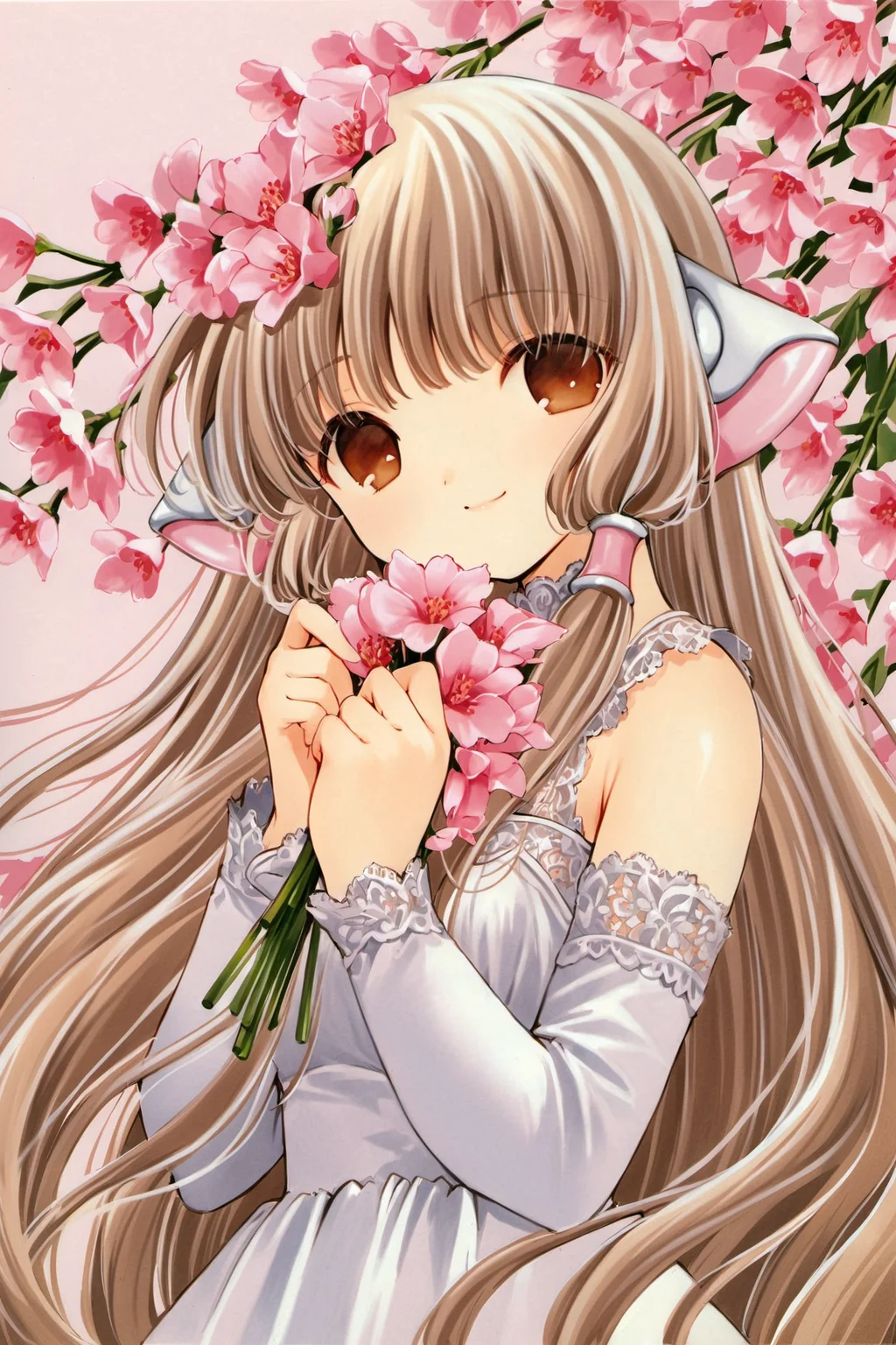CHII,1girl,solo,flower,long hair,robot ears,holding,blonde hair,brown eyes,holding flower,light smile,hair tubes,lace,upper body,dress,bangs,looking at viewer,bare shoulders,smile,sleeveless,traditional media,white dress,lace trim,pink flower,own hands together,closed mouth,<lora:Chobits_XL:0.9>,