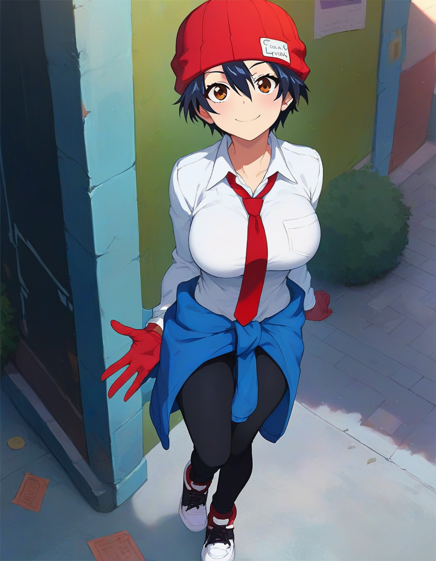score_9,score_8_up,score_7_up,score_6_up BREAK official art,solo,outdoors,smile,looking at viewer,facing viewer,Izumo Fuuko,tomboy,beanie,red headwear,black hair,short hair,hair between eyes,brown eyes,collared shirt,white shirt,red necktie,large breasts,skindentation,long sleeves,red gloves,jacket around waist,black pants,sneakers,black footwear,<lora:Izumo Fuuko(uu)-Pony:1.2>,<lora:Smooth Anime Style LoRA XL:0.8>,