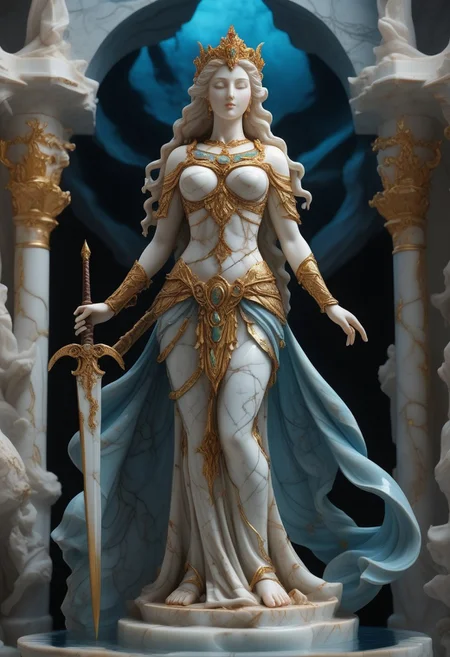 liquid marble statue of a goddess, she is slim and curvy, she wears detailed armor, her eyes blaze with fiery passion, she cries tears of blood, she holds a sword in one hand and a dove in the other hand, ultra detailed, highly detailed, intricate, enchanted grotto sceny, high quality, masterpiece