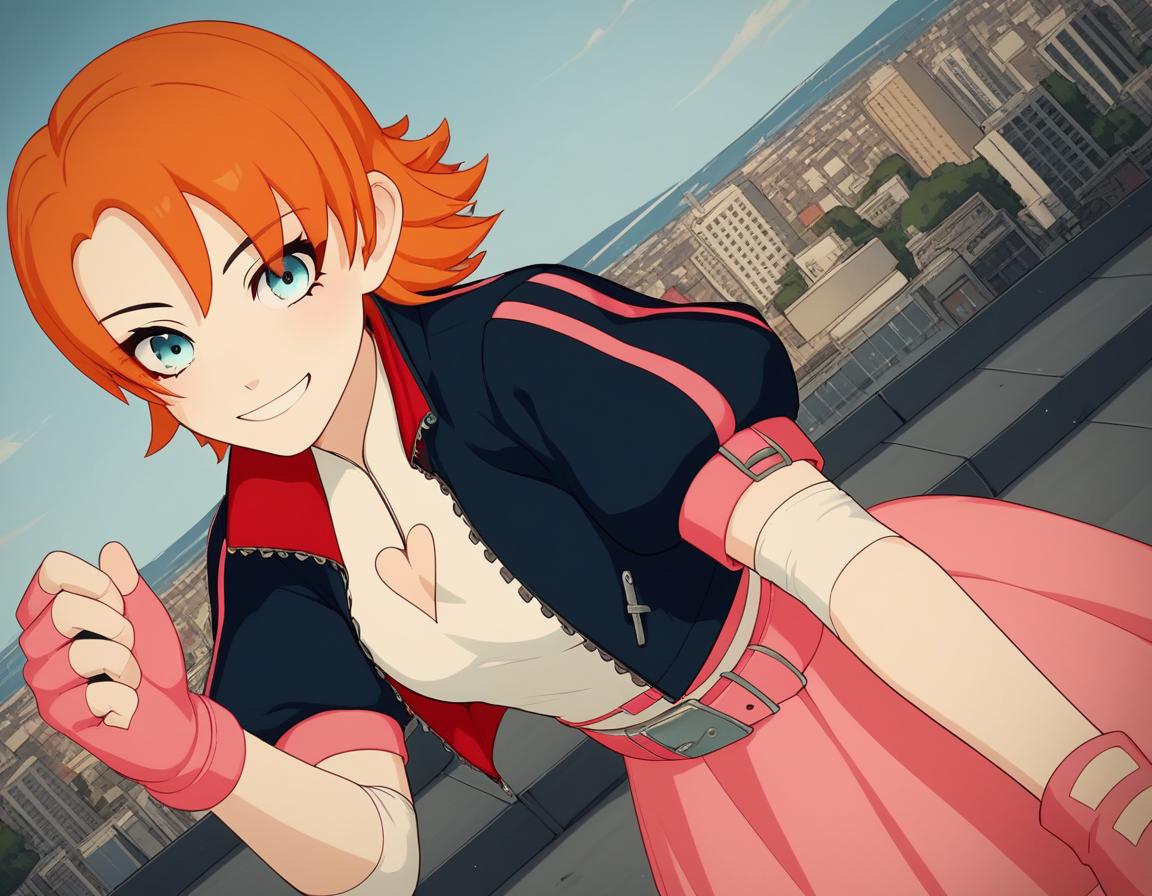 score_9, score_8_up, score_7_up, source_anime, <lora:nora-valkyrie-ponyxl-lora-nochekaiser:1>, nora valkyrie, blue eyes, medium hair, orange hair,, skirt, shirt, gloves, jacket, short sleeves, open clothes, puffy sleeves, belt, fingerless gloves, open jacket, puffy short sleeves, clothing cutout, cleavage cutout, pink skirt, pink gloves, heart cutout, cityscape, street, bent over, smile, looking at viewer, solo, cowboy shot, dutch angle