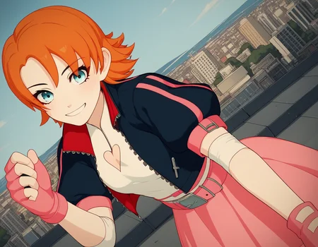 score_9, score_8_up, score_7_up, source_anime, <lora:nora-valkyrie-ponyxl-lora-nochekaiser:1>, nora valkyrie, blue eyes, medium hair, orange hair,, skirt, shirt, gloves, jacket, short sleeves, open clothes, puffy sleeves, belt, fingerless gloves, open jacket, puffy short sleeves, clothing cutout, cleavage cutout, pink skirt, pink gloves, heart cutout, cityscape, street, bent over, smile, looking at viewer, solo, cowboy shot, dutch angle