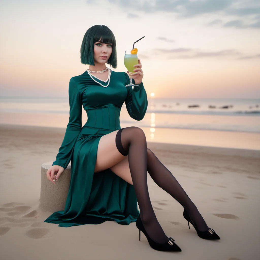 cinematic photo full body portrait 1girl, large breast, green eyes, dress, necklace, thighhighs, jewelry, short black hair, bangs, having a cocktail on the beach, sunset <lora:Fubuki1024:0.8> . 35mm photograph, film, bokeh, professional, 4k, highly detailed