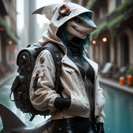 score_9, score_8_up, score_7_up, score_6_up, score_5_up, score_4_up, source_photo, source_real, source_furry, 1girl, solo, (anthro shark female:1.6), techwear, shark fangs, big grin, evil, solo, gloves, long_sleeves, standing, jacket, pants, hood, bag, blurry, no_humans, blurry_background, backpack, helmet, robot, mecha, 1other, zipper, science_fiction, realistic,
