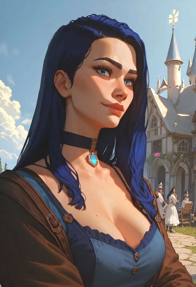 score_9, score_8_up, score_7_up, score_6_up, score_9, score_8_up, read description, Expressiveh ,g0thicPXL, glowing,
medieval castle in background, day time, detailed backgrounds,market ,stone castle,blue sky,((clear sky:1.2)),towns,big clouds,
(19 year old girl),close up face ,masterpiece,best quality,amazing quality, upper body, portrait, looking at viewer,1girl, petite body, grossy skin,smiling,seductive pose,
ALCaitlyn, 1girl, blue hair, long hair,long hair,wide hips , choker, blushing,easynegative,jeans pants,blue shirt collar,black big eyes,cleavage,
studio facial lighting:1.2,professional lighting, high quality,concept art,warm tone,((volumetric lighting)), professional lighting, perfect quality, high quality, Cuti3C0mics