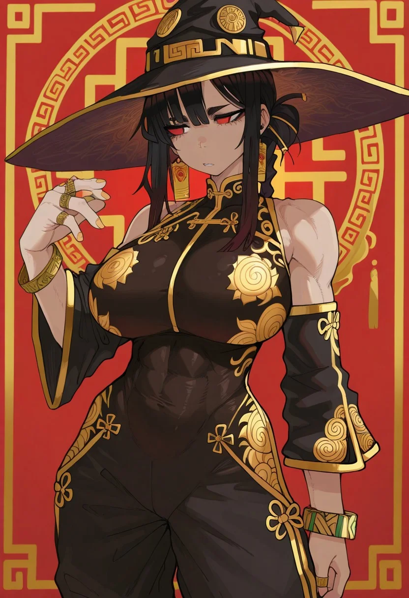1 girl , solo , chinese bodysuit , sleeveless , detached sleeve , big breasts , toned , rings , bracelet , witch hat , gold embroidery , gold pattern ,
masterpiece ,best quality ,amazing quality, wamiarts_illu ,