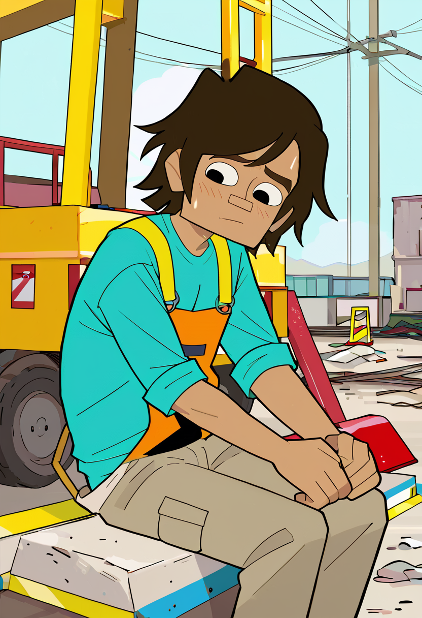 <lora:TwelveForever_Todd_Pony:0.8>, todd \(regular\), sitting, sweat, todd, twelve forever, 1boy, solo, short hair, black eyes, construction site, masterpiece, best quality, score_9, score_8_up, score_7_up