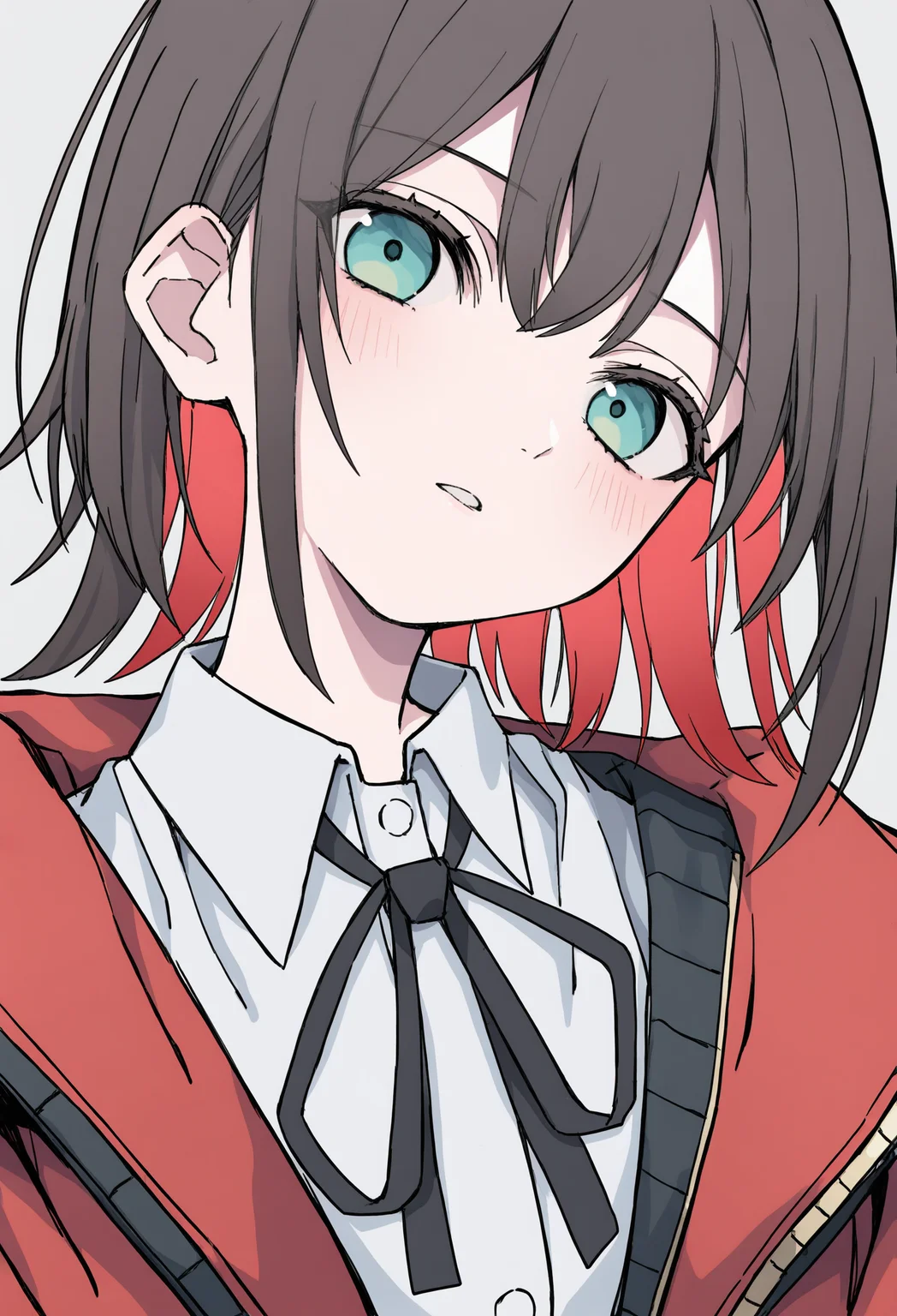 1girl,
solo, shirt, red hair, multicolored hair, looking at viewer, jacket, parted lips, collared shirt, simple background, white shirt, ribbon, neck ribbon, bangs, colored inner hair, grey background, two-tone hair, black hair, short hair, aqua eyes, portrait, close-up, open clothes, brown hair, hair between eyes
masterpiece, red jacket, blush, dress shirt, long sleeves, sidelocks, streaked hair, wing collar, virtual youtuber, black ribbon, eyelashes, open jacket,
.
best quality, very aesthetic, absurdres
<lora:hakuhiruoeoefornoob:0.95>