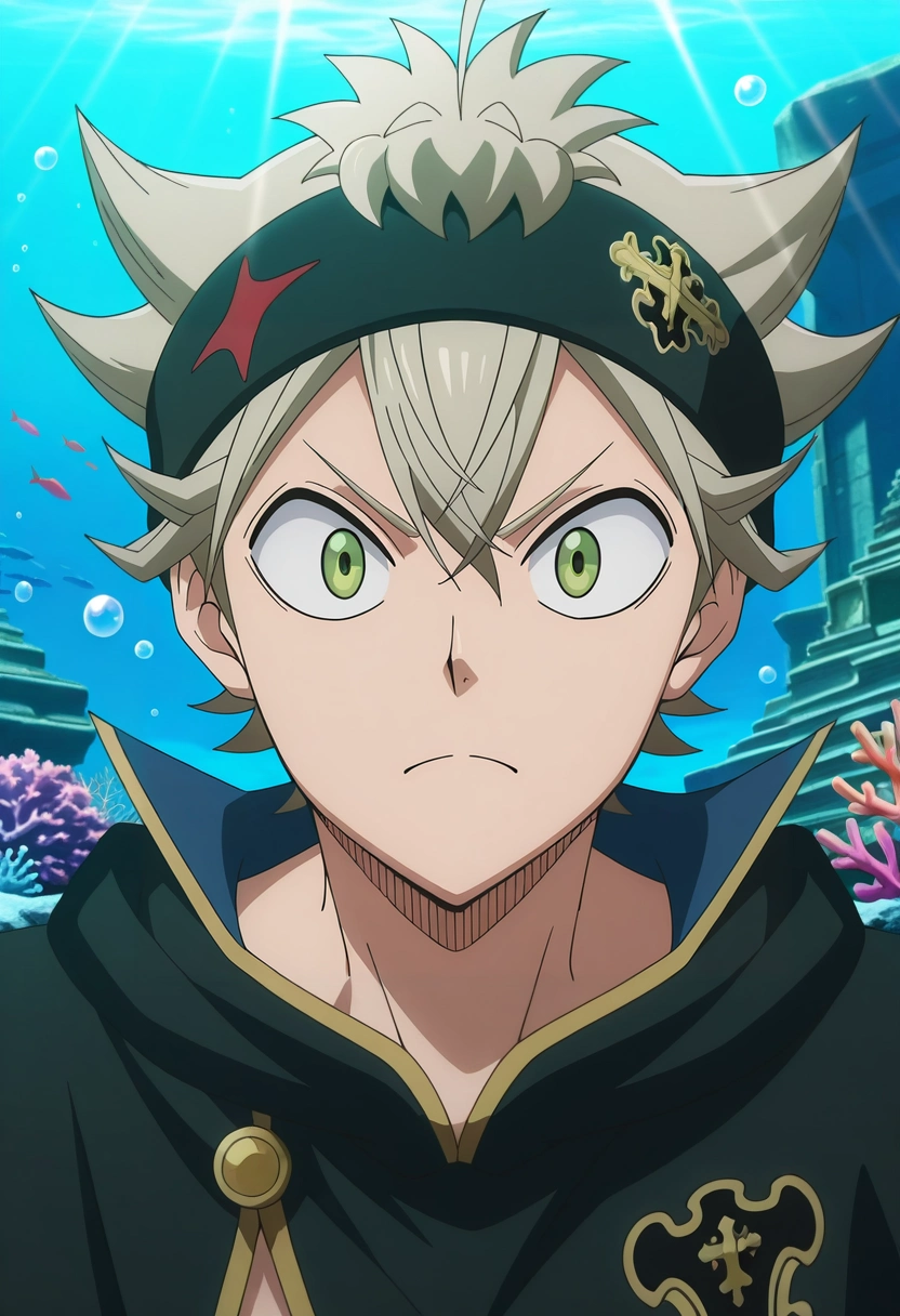 masterpiece, best quality, intricate details, anime screencap, anime coloring, official style, looking at viewer, 1boy, solo, male focus, <lora:asta_black_clover_ilxl:0.96>, asta_black_clover, grey hair, green eyes, short hair, spiked hair, , , underwater temple, coral growth, fish schools, light rays, swimming pose, determined expression, bubbles,